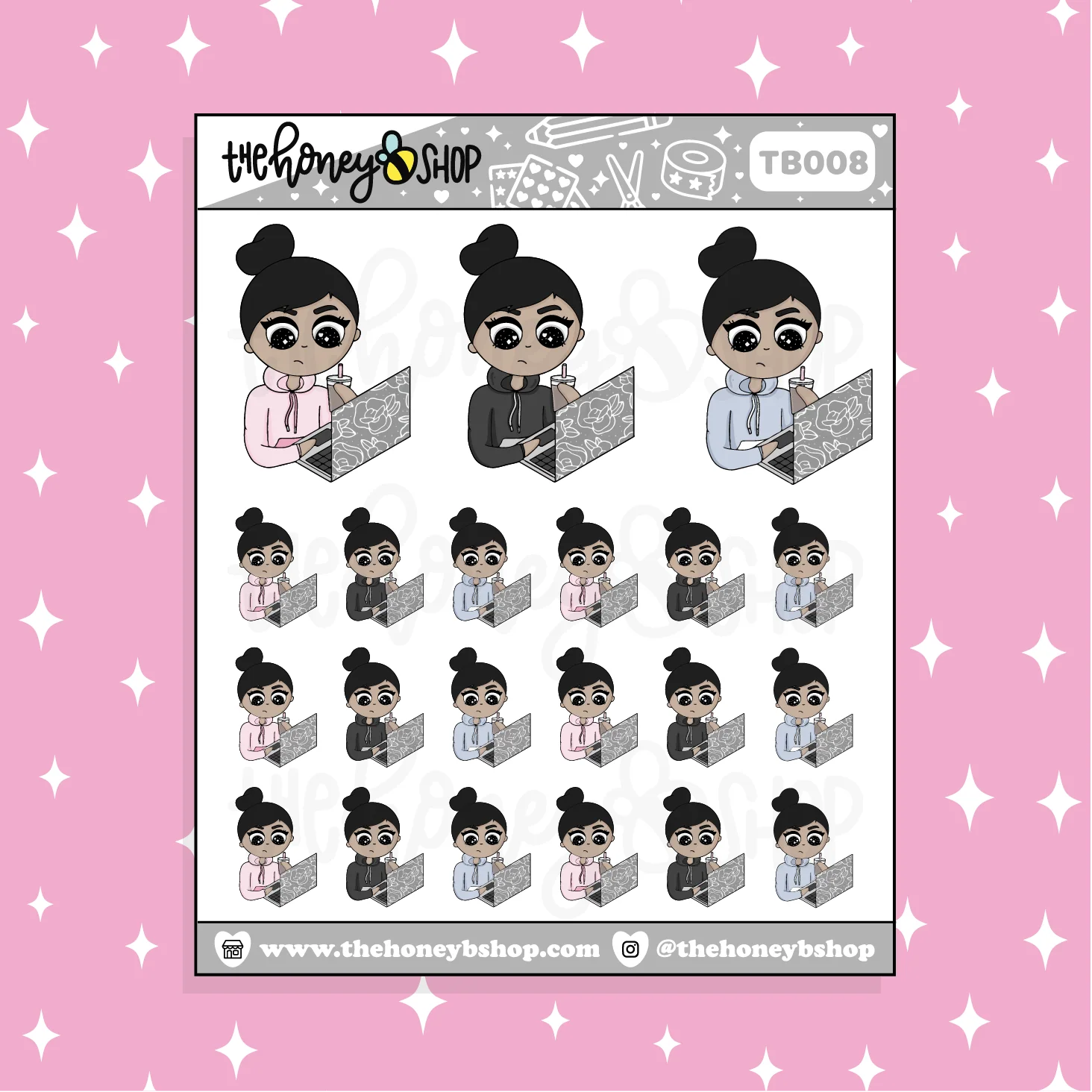 Comfy + Coffee Computer Sitting BabeBees Doodle Sticker | Choose Your Skin Tone! - Image 3