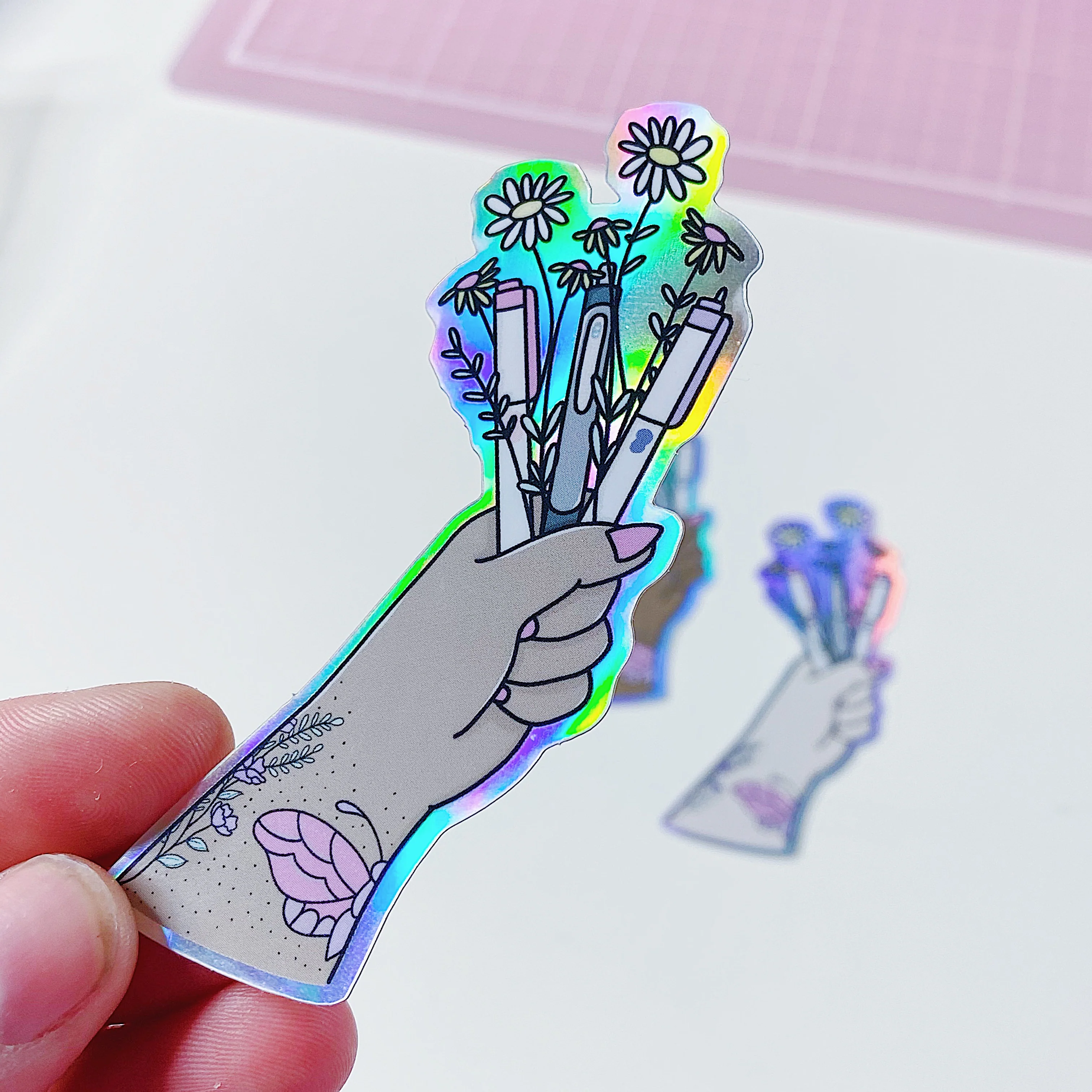 Pen Bouquet Vinyl Die Cut | Holographic Foiled | Choose your Skin Tone! - Image 2