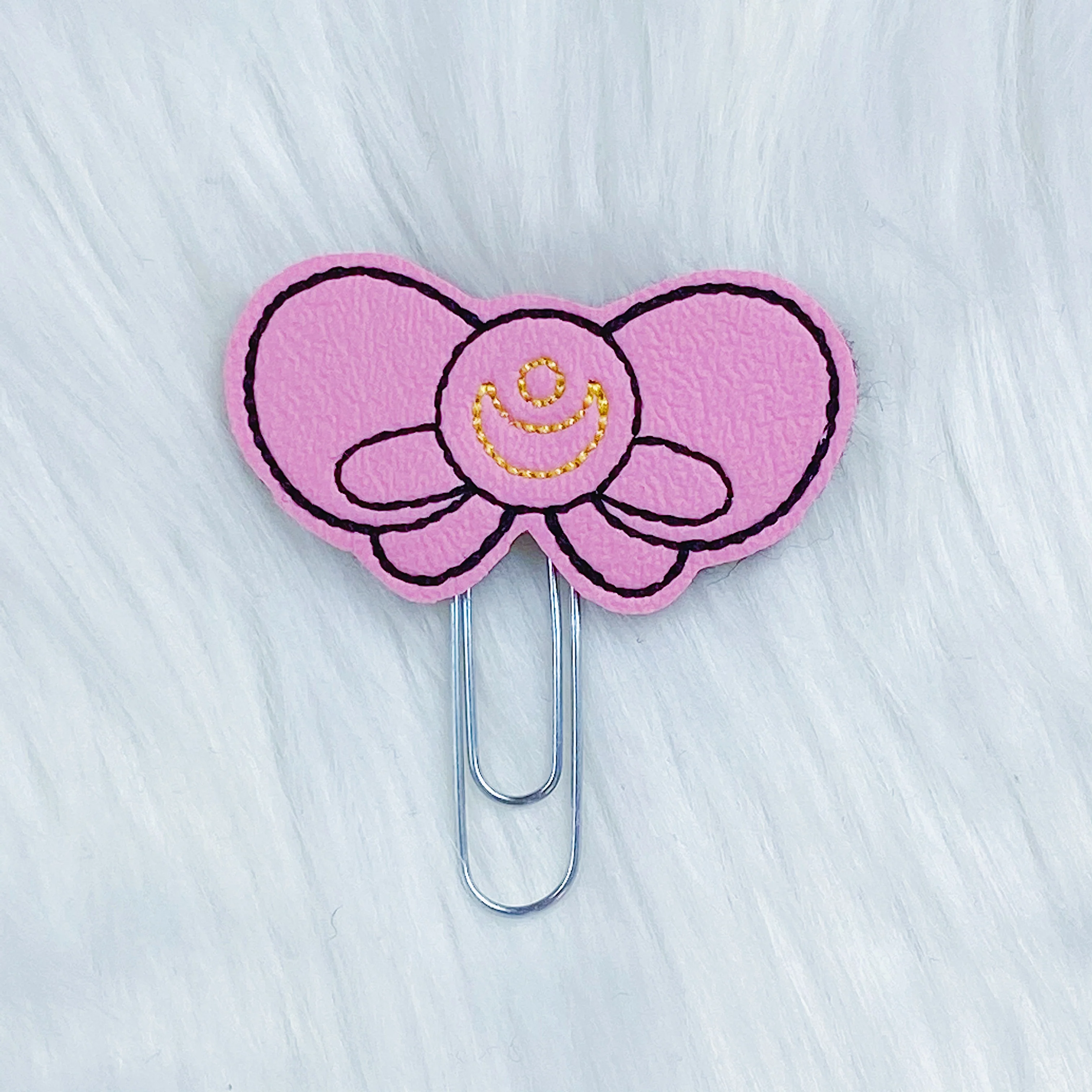 Pink Moon Bow + Black Stitching Feltie Planner Clip