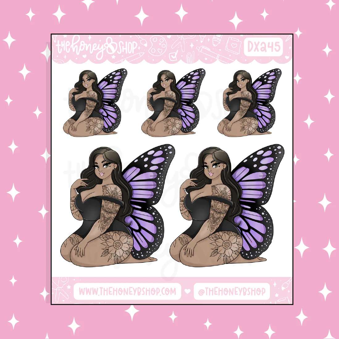 Purple Butterfly Babe Doodle Sticker | Choose your Skin Tone! - Image 2
